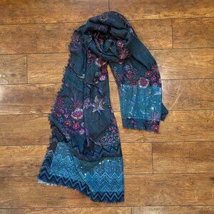 Boho Floral Print Scarf with Sequins VTG Teal Purple Wrap Shawl Fringe